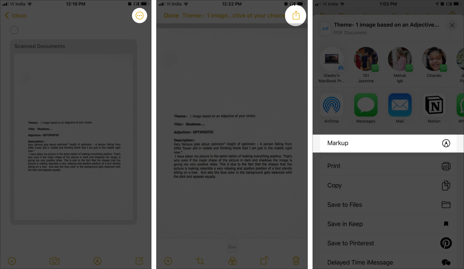 แตะไอคอนแชร์ เลือกมาร์กอัปในแอป iOS Notes