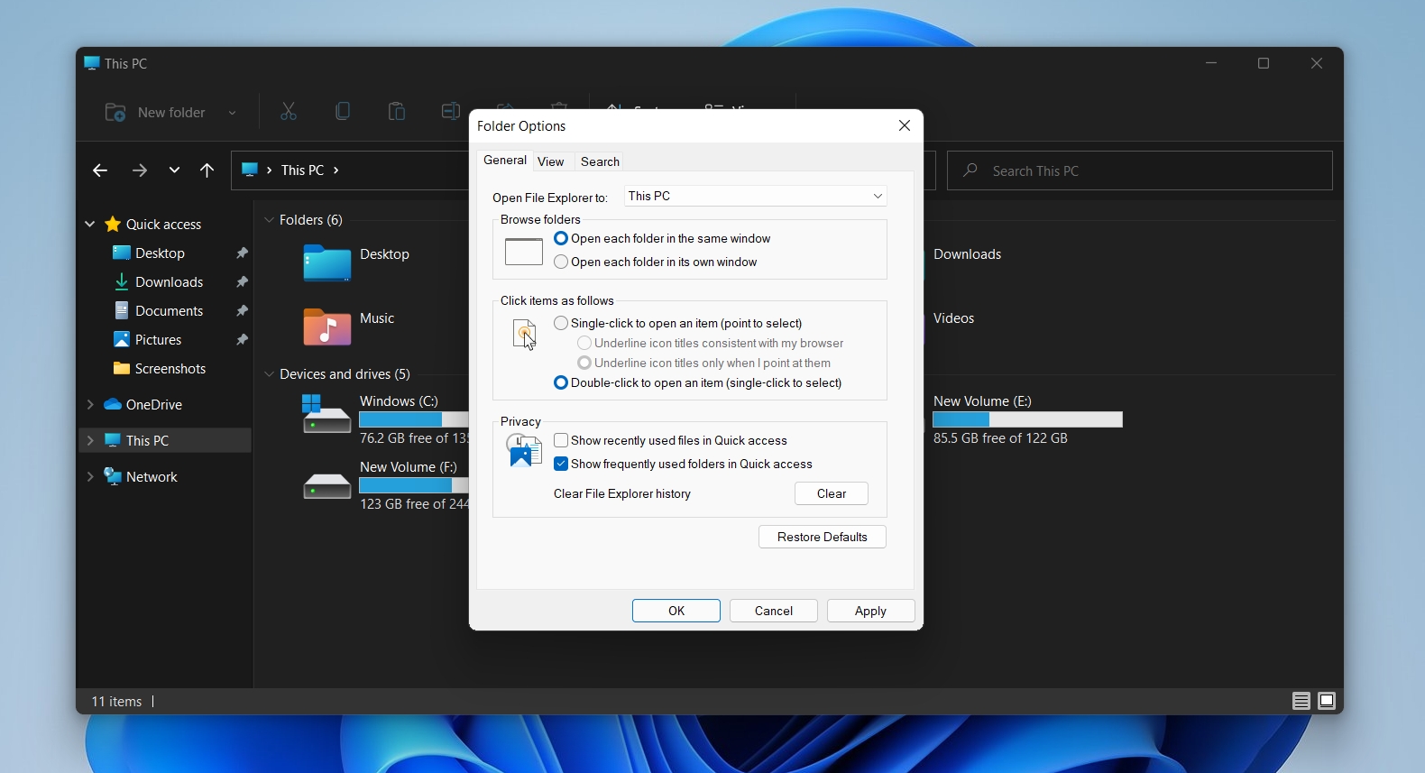 ตัวเลือกโฟลเดอร์ใน Windows 11