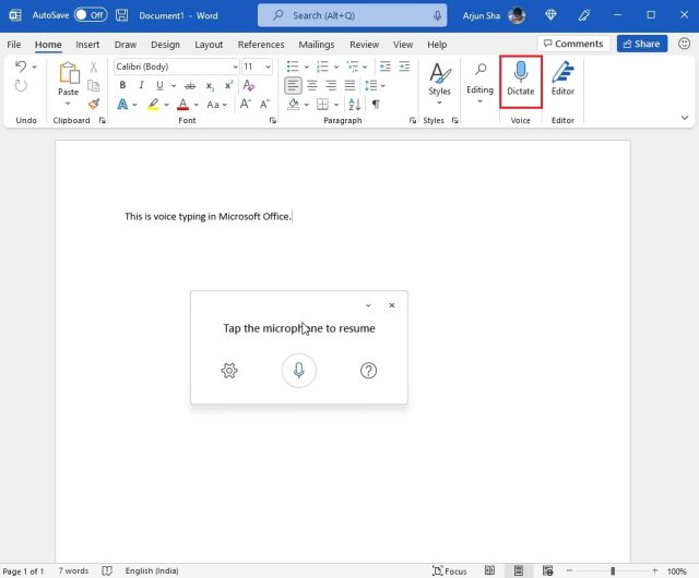 การพิมพ์ด้วยเสียงในแอป Office ใน Windows 11