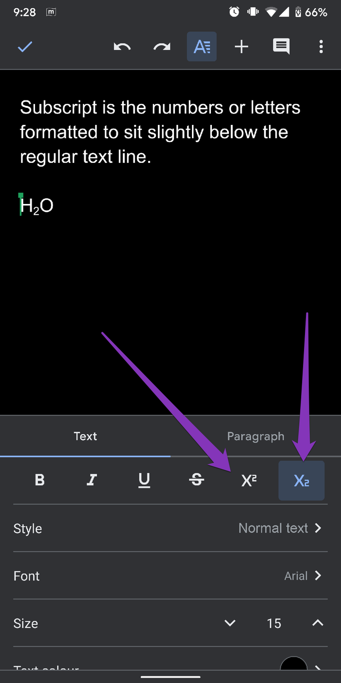 ตัวยกหรือข้อความตัวห้อยในแอป Google เอกสาร