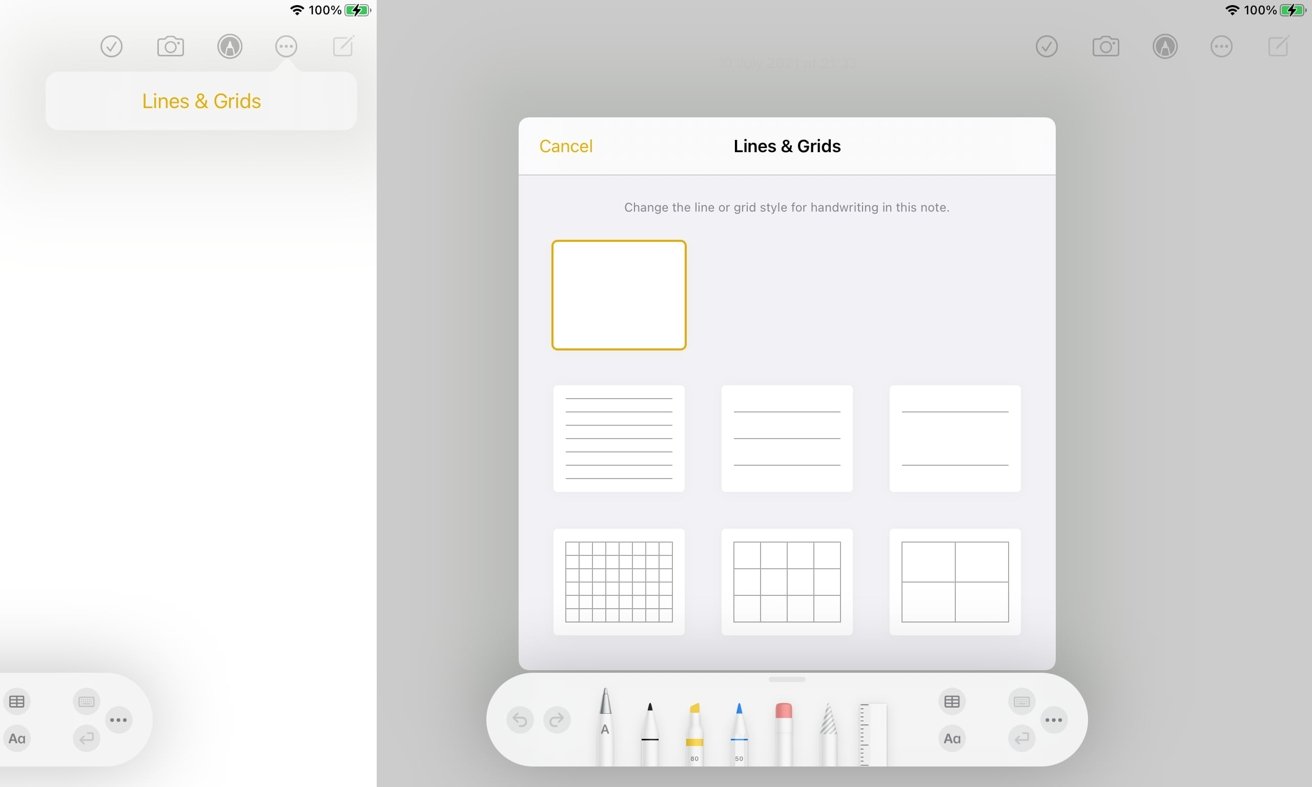 โฟลว์สำหรับการเพิ่มบรรทัดและกริดใน Notes สำหรับ iPad