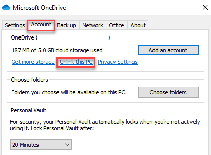 บัญชีกล่องโต้ตอบ Microsoft Onedrive ยกเลิกการลิงก์พีซีเครื่องนี้