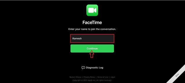 ป้อนชื่อของคุณสำหรับการโทรแบบ FaceTime