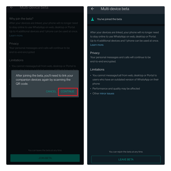 Whatsapp การลงทะเบียนหลายอุปกรณ์ UI