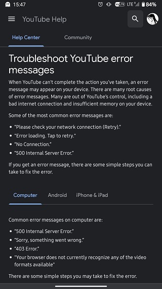 YouTube-error-troubleshooting-page