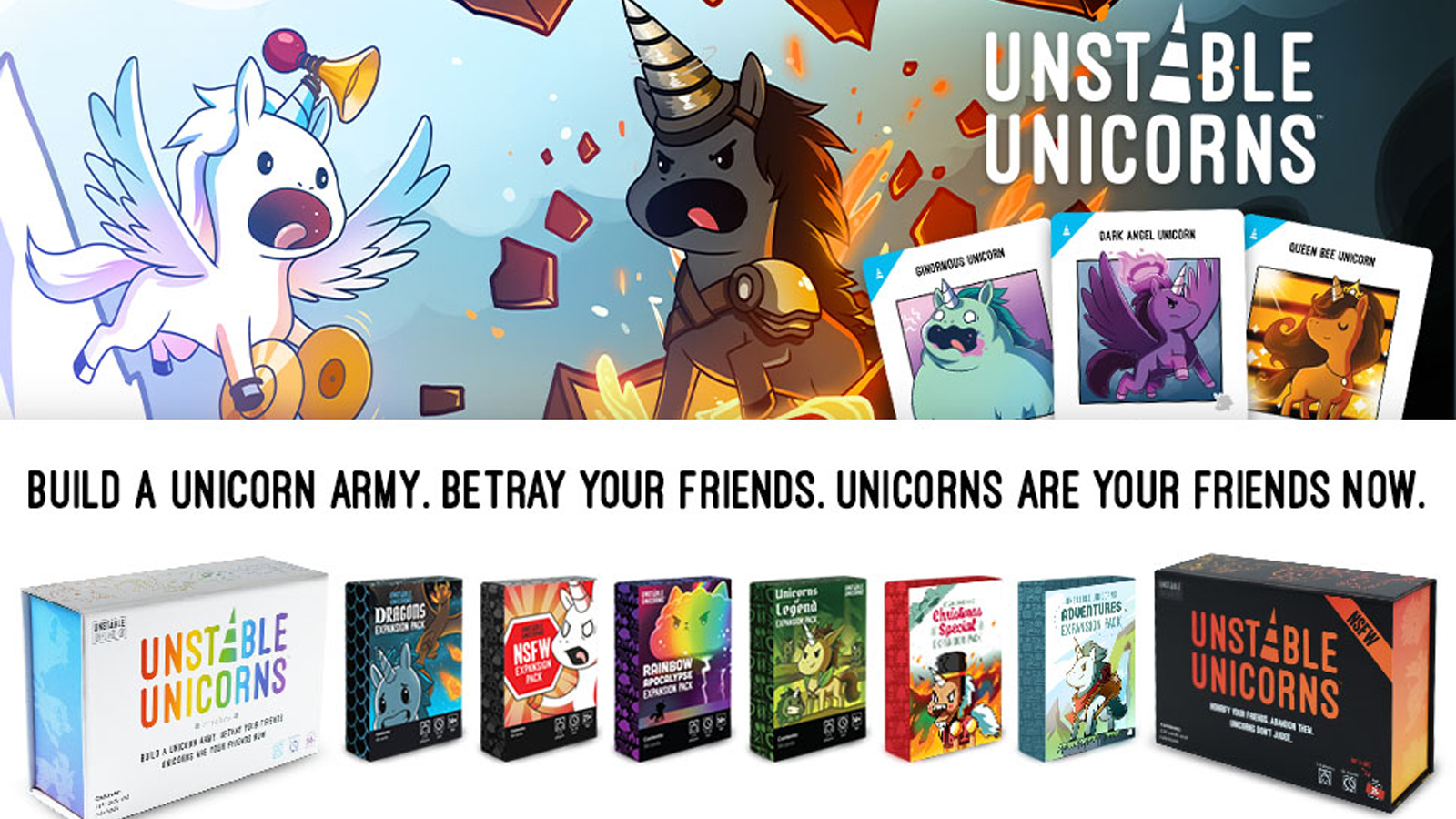 Game art with cartoon unicorns next to game cards and expansion packs