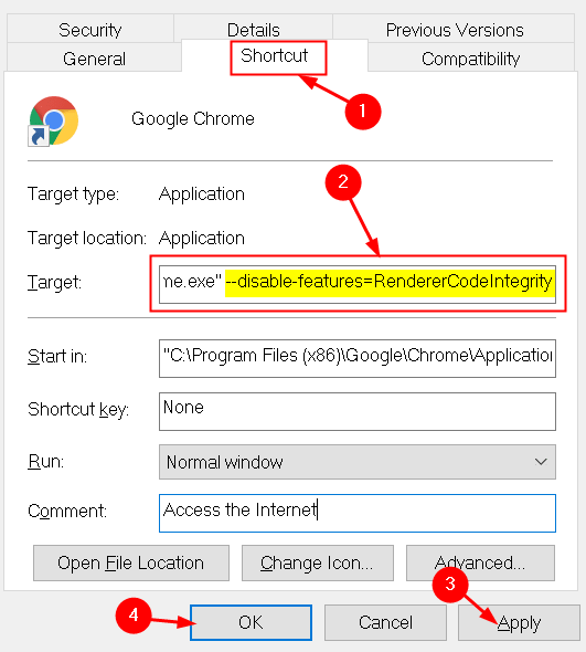 Chrome ปิดการใช้งาน Renderer Code Integrity Min