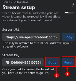 Obs Facebook รีเซ็ต Copy Stream Key
