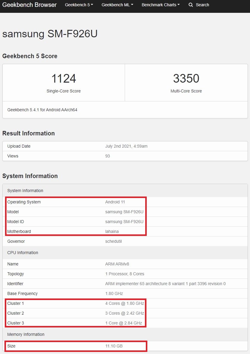 Samsung Galaxy Z พับ 3 Snapdragon 888 Geekbench