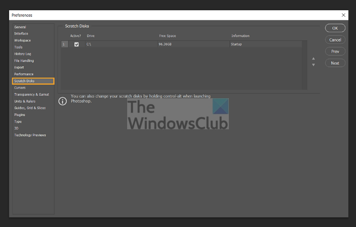 Photoshop Scratch Disk เปลี่ยนตำแหน่ง