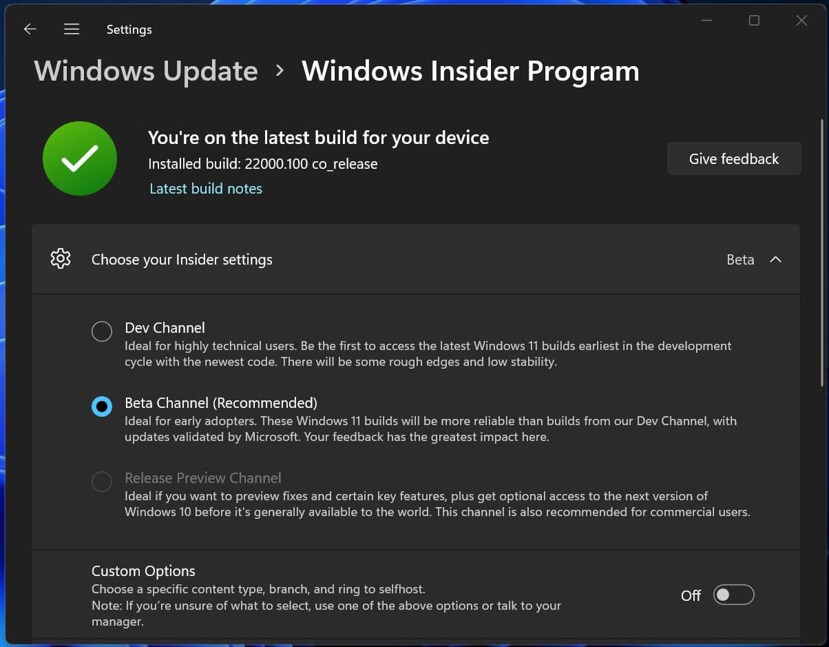 สวิตช์ช่องเบต้าของ Windows 11
