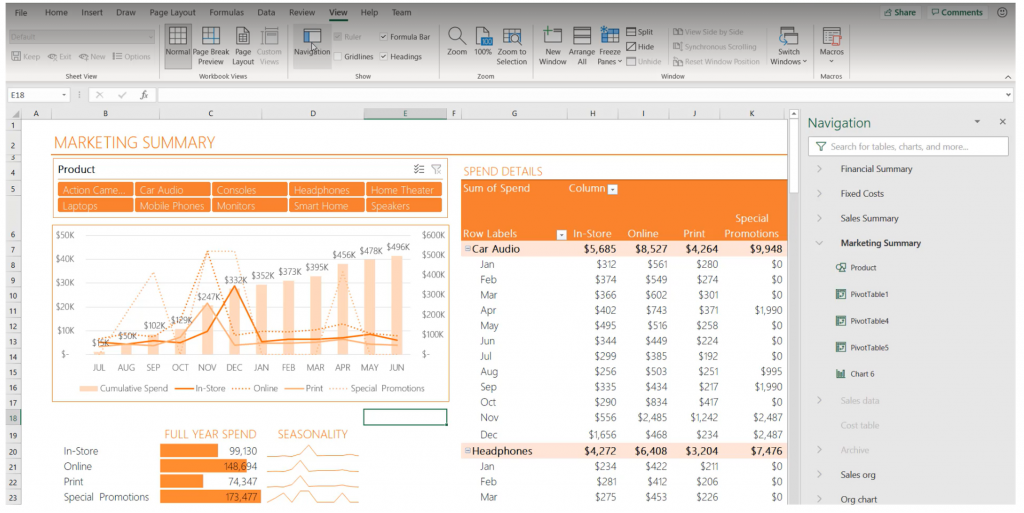 ภาพหน้าจอของมุมมองบานหน้าต่างนำทางใน Excel สำหรับ Windows