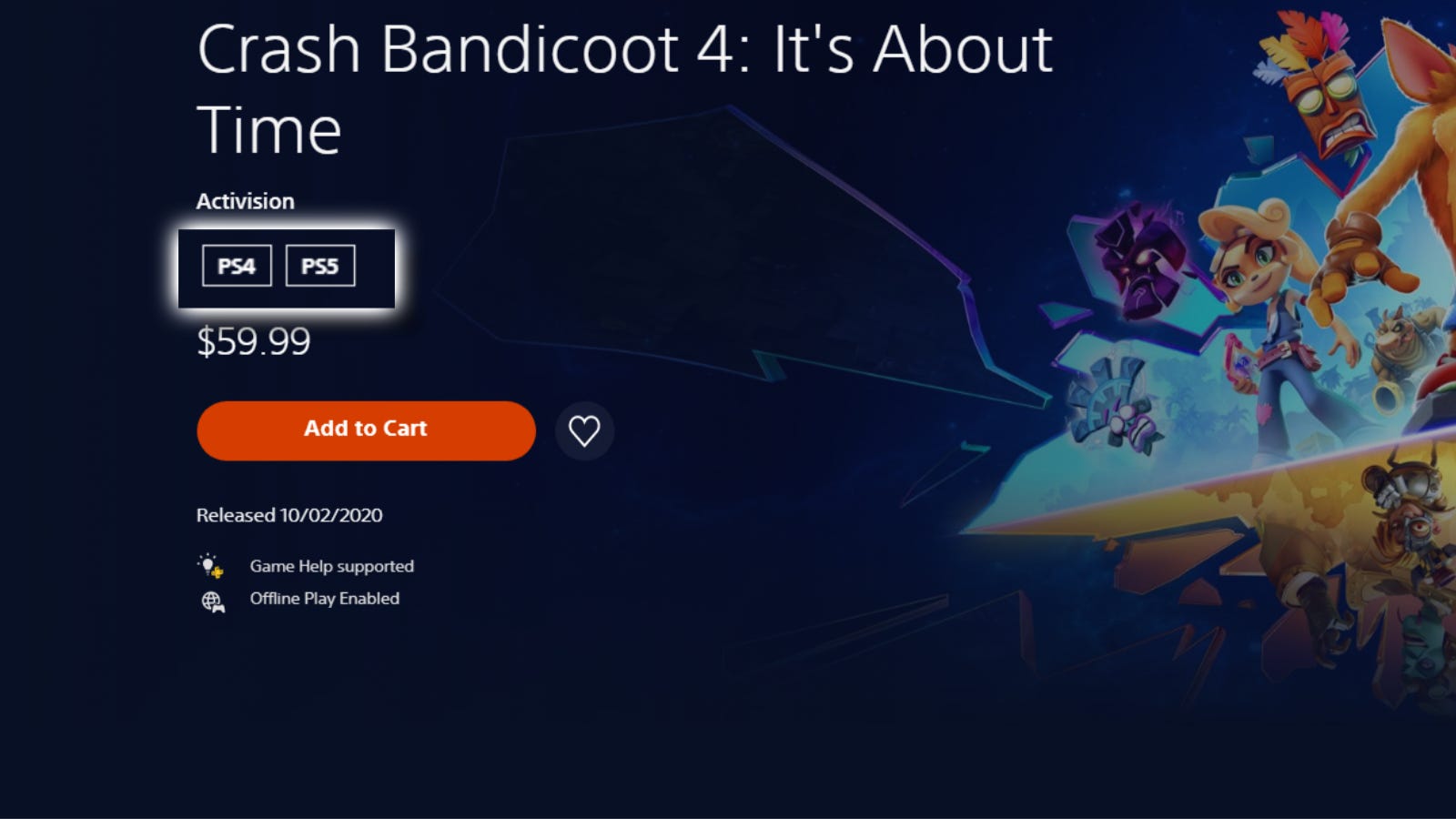 PlayStation 5'Crash Bandicoot 4: It's About Time'หน้าร้านค้าที่ไฮไลต์ส่วนแพลตฟอร์ม