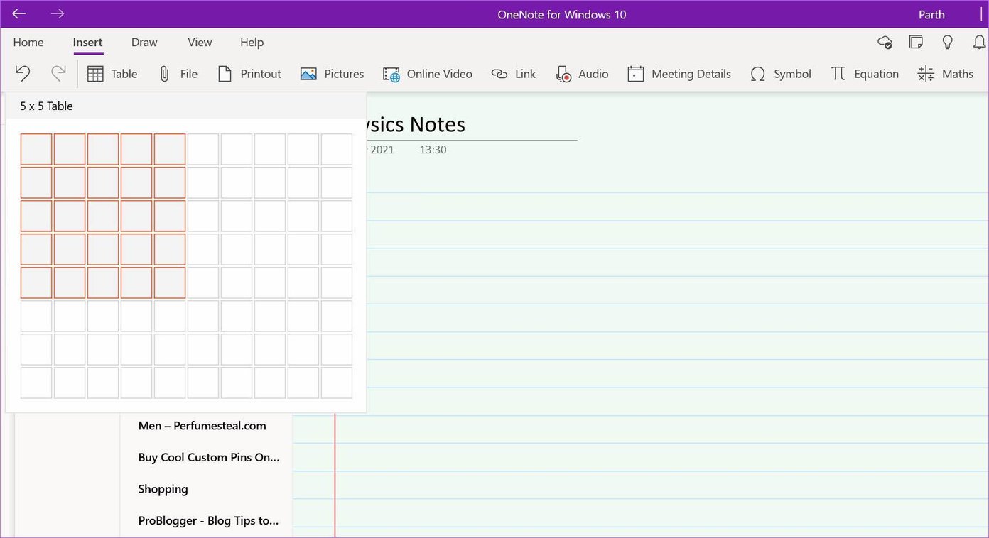 เพิ่มตารางใน onenote