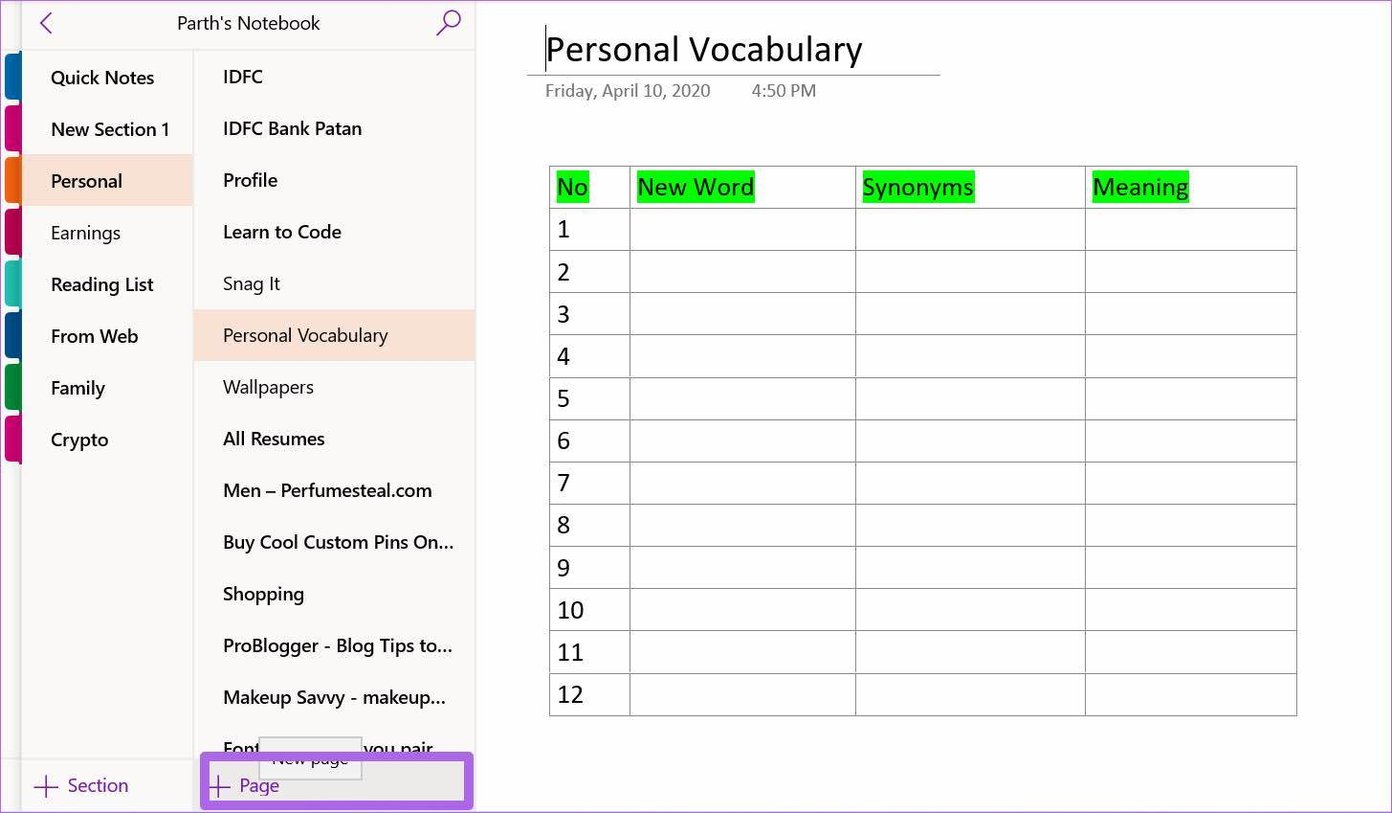 สร้างหน้า onenote ใหม่