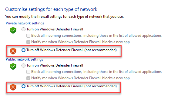 กำหนดการตั้งค่าส่วนตัว การตั้งค่าเครือข่าย เปิดหรือปิดไฟร์วอลล์ Windows Defender การตั้งค่าเครือข่ายสาธารณะ เปิดหรือปิดไฟร์วอลล์ Windows Defender Ok Min