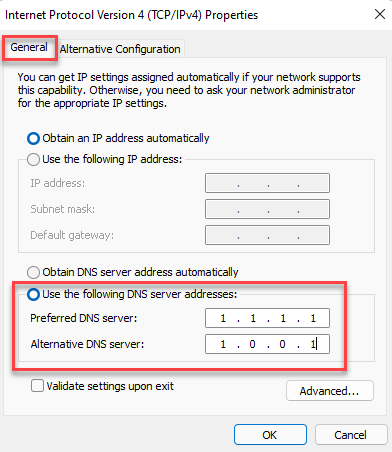 Internet Protocol รุ่น 4 คุณสมบัติทั่วไป ลองเซิร์ฟเวอร์ DNS ทางเลือกอื่นของเซิร์ฟเวอร์ DNS ที่ต้องการ