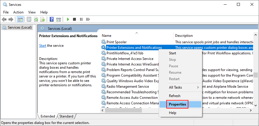 Windows chỉ ra cách truy cập thuộc tính dịch vụ Tiện ích mở rộng Máy in và Thông báo