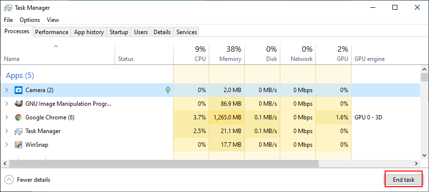 Task Manager shows how to end the Camera app task