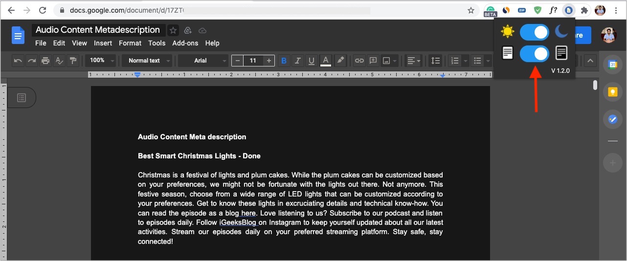 Bật công tắc cho Chế độ tối của Google Documents