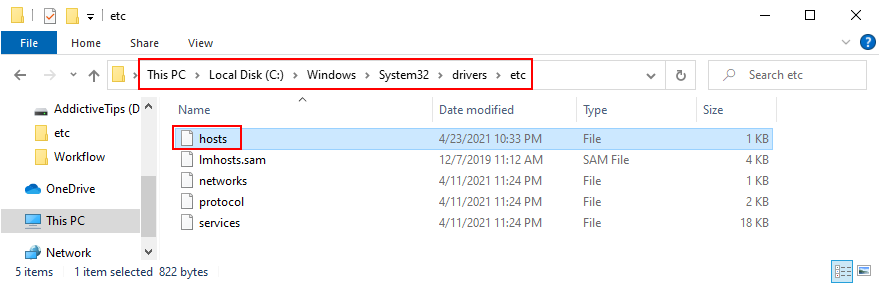 Windows Explorer shows how to access the Hosts file's location