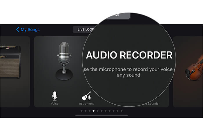 Nhấn vào Máy ghi âm để ghi âm giọng nói trong ứng dụng GarageBand trên iPhone
