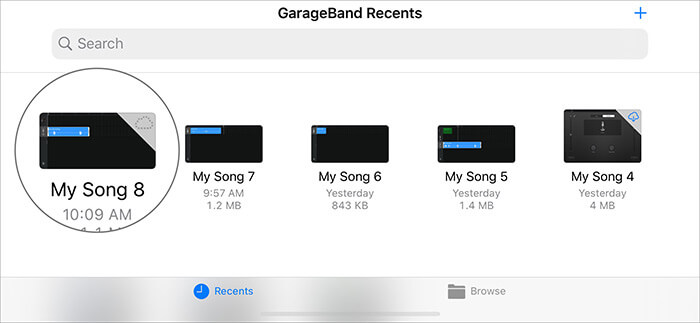 Nhấn và giữ tệp trong GarageBand Recents trên iPhone