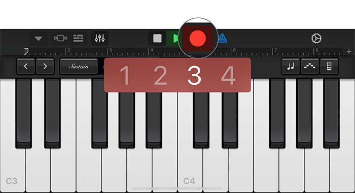 Chạm vào Red dot để ghi âm giọng nói của bạn trong ứng dụng GarageBand trên iPhone