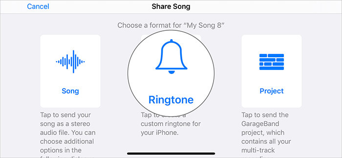 Chọn Nhạc chuông từ Chia sẻ Bài hát trong Ứng dụng GarageBand trên iPhone