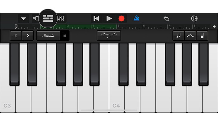 Nhấn vào nút tường gạch trong ứng dụng GarageBand trên iPhone