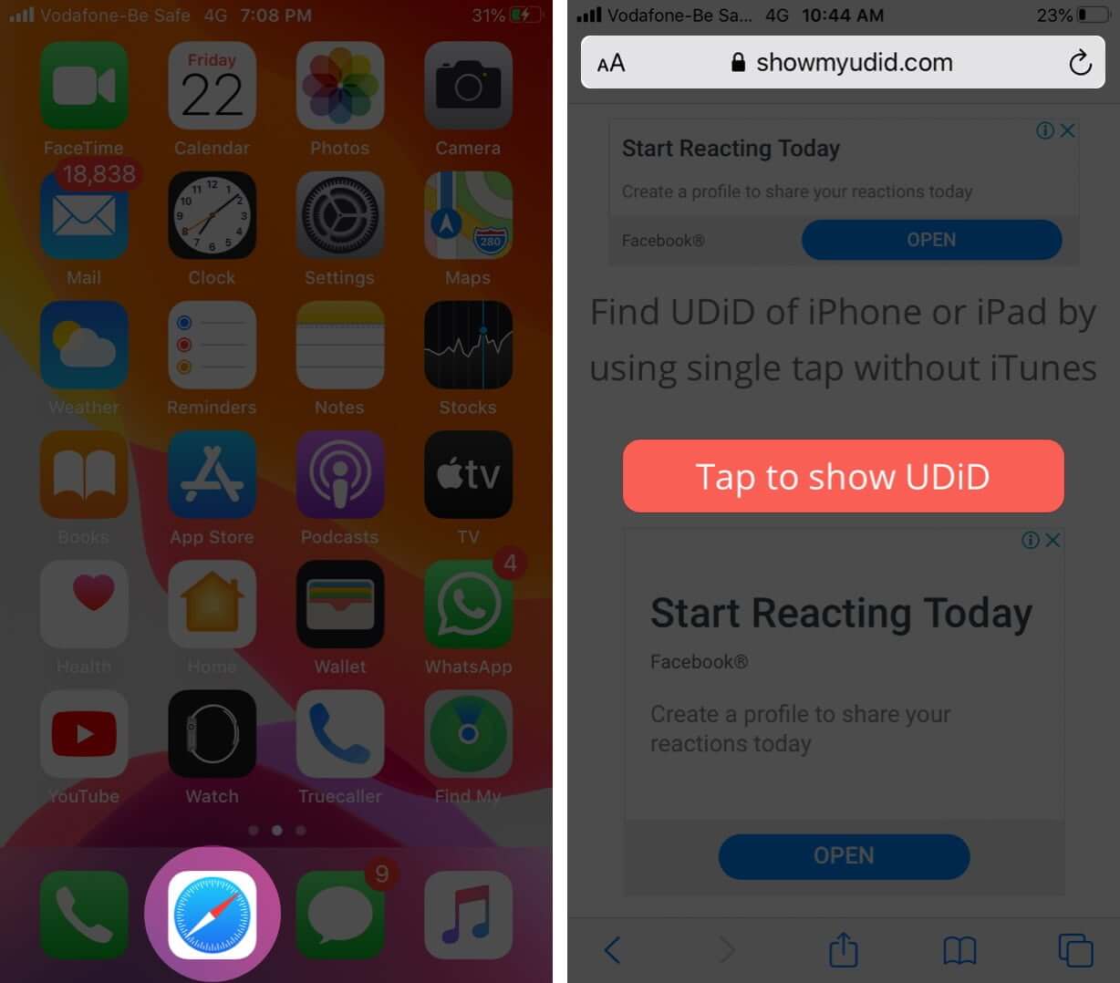 Mở Safari Truy cập ShowMyUDID và Nhấn để Hiển thị UDID