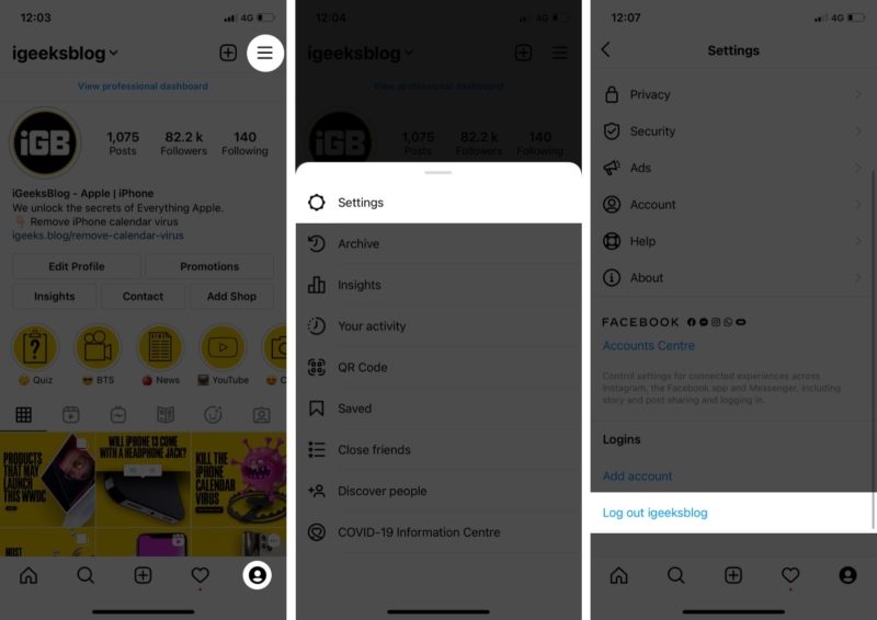 Đăng xuất khỏi tài khoản Instagram trên iPhone