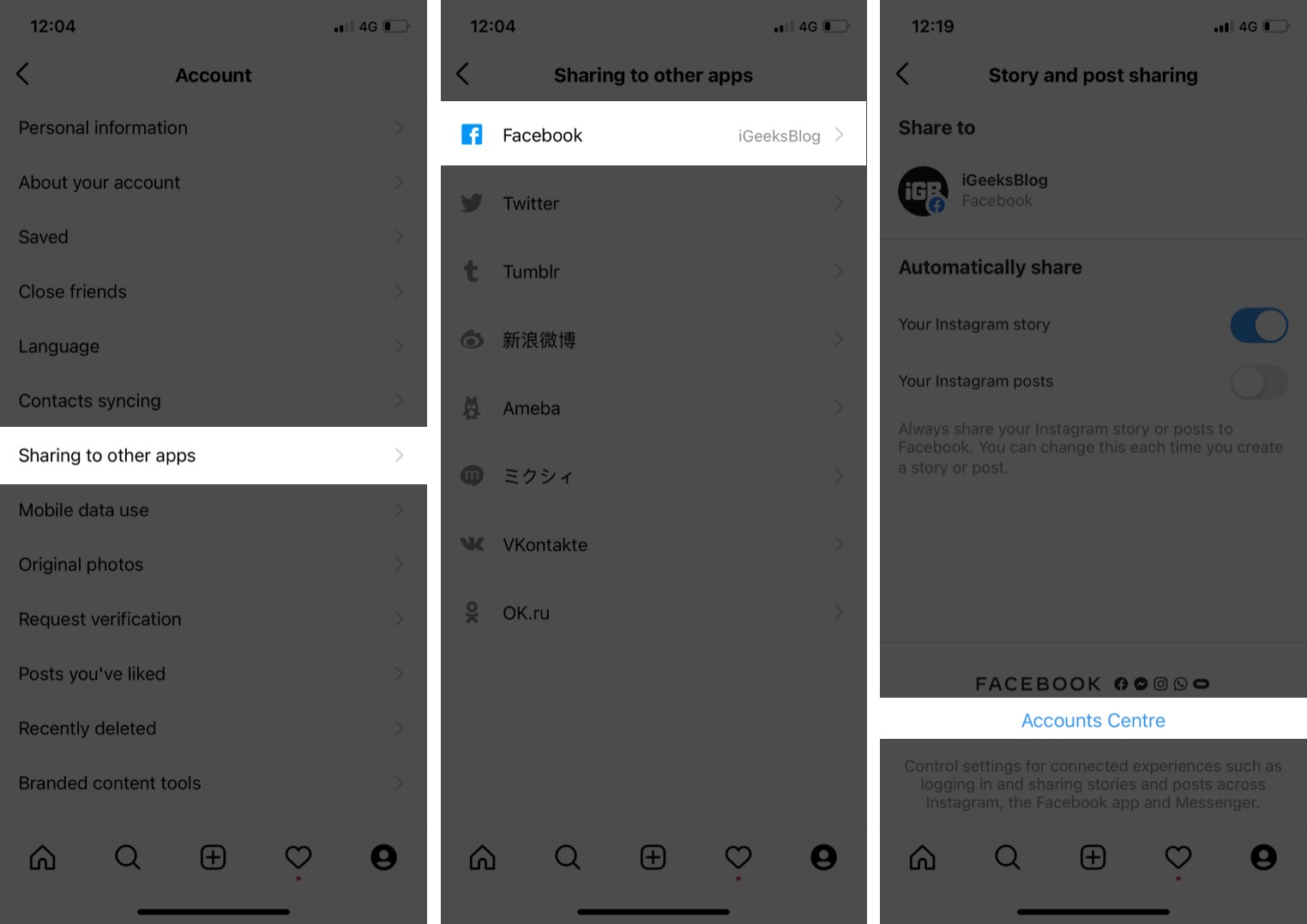 Truy cập trung tâm tài khoản FaceBook trong ứng dụng Instagram