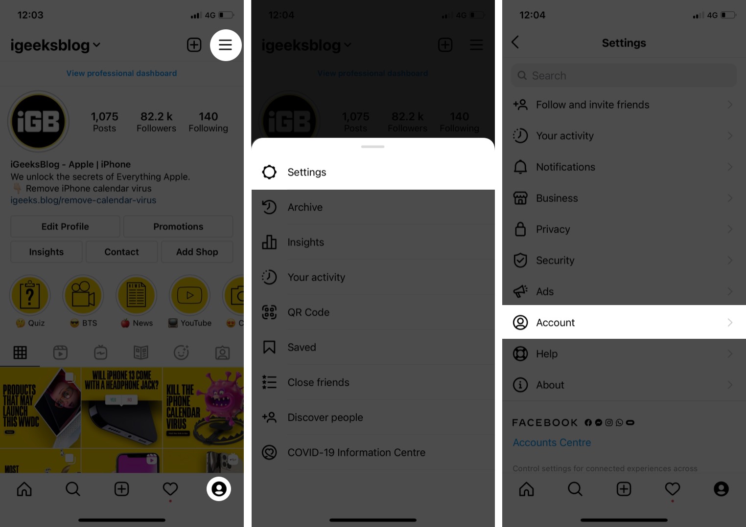 Mở Instagram và đi tới Tài khoản để liên kết Facebook của bạn