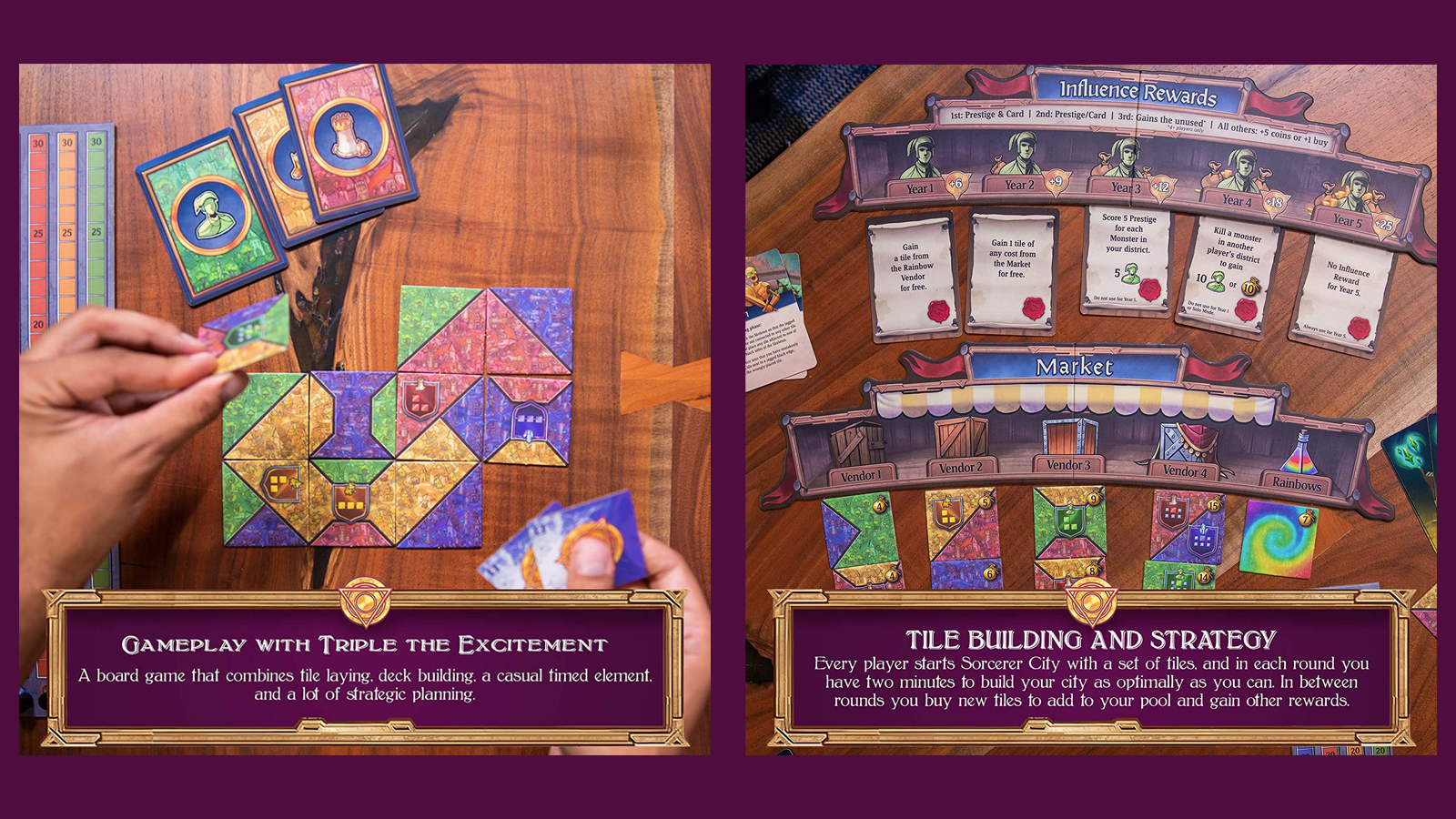 Chế độ xem từ trên xuống của các thành phần của trò chơi board Sorcerer City trên bàn gỗ