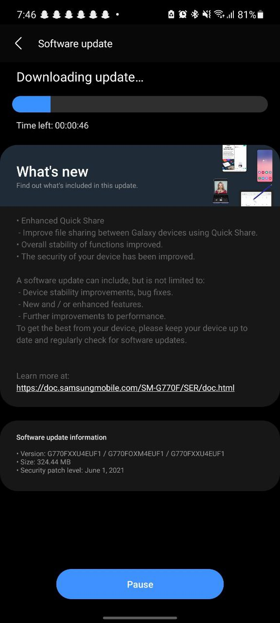 Samsung Galaxy S10 Lite tháng 6 năm 2021 Cập nhật Changelog