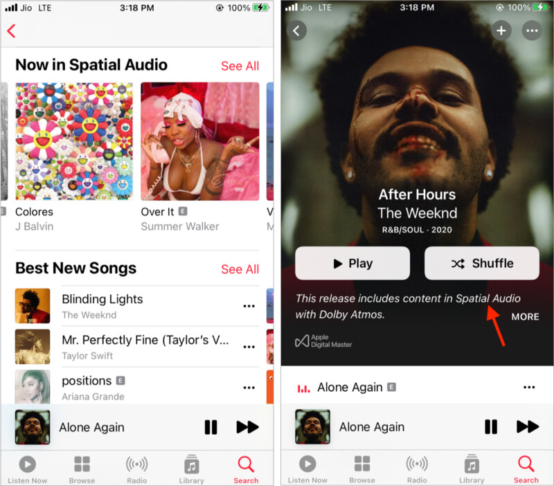 Tìm kiếm Âm thanh không gian trong ứng dụng Apple Music