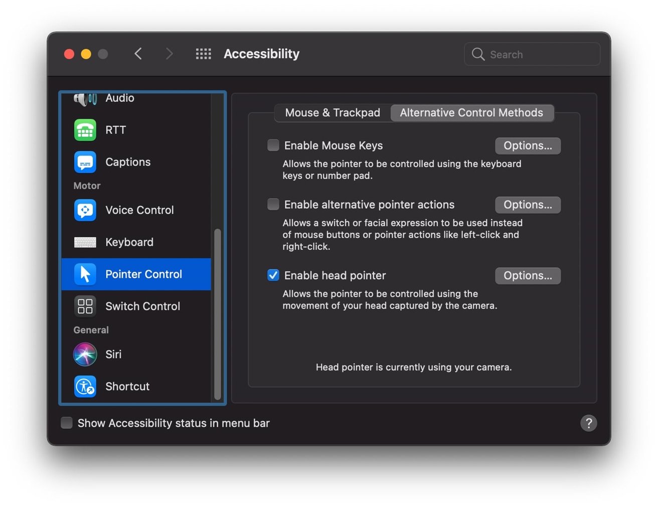 Head Pointer được giữ trong menu Trợ năng của System Preferences.