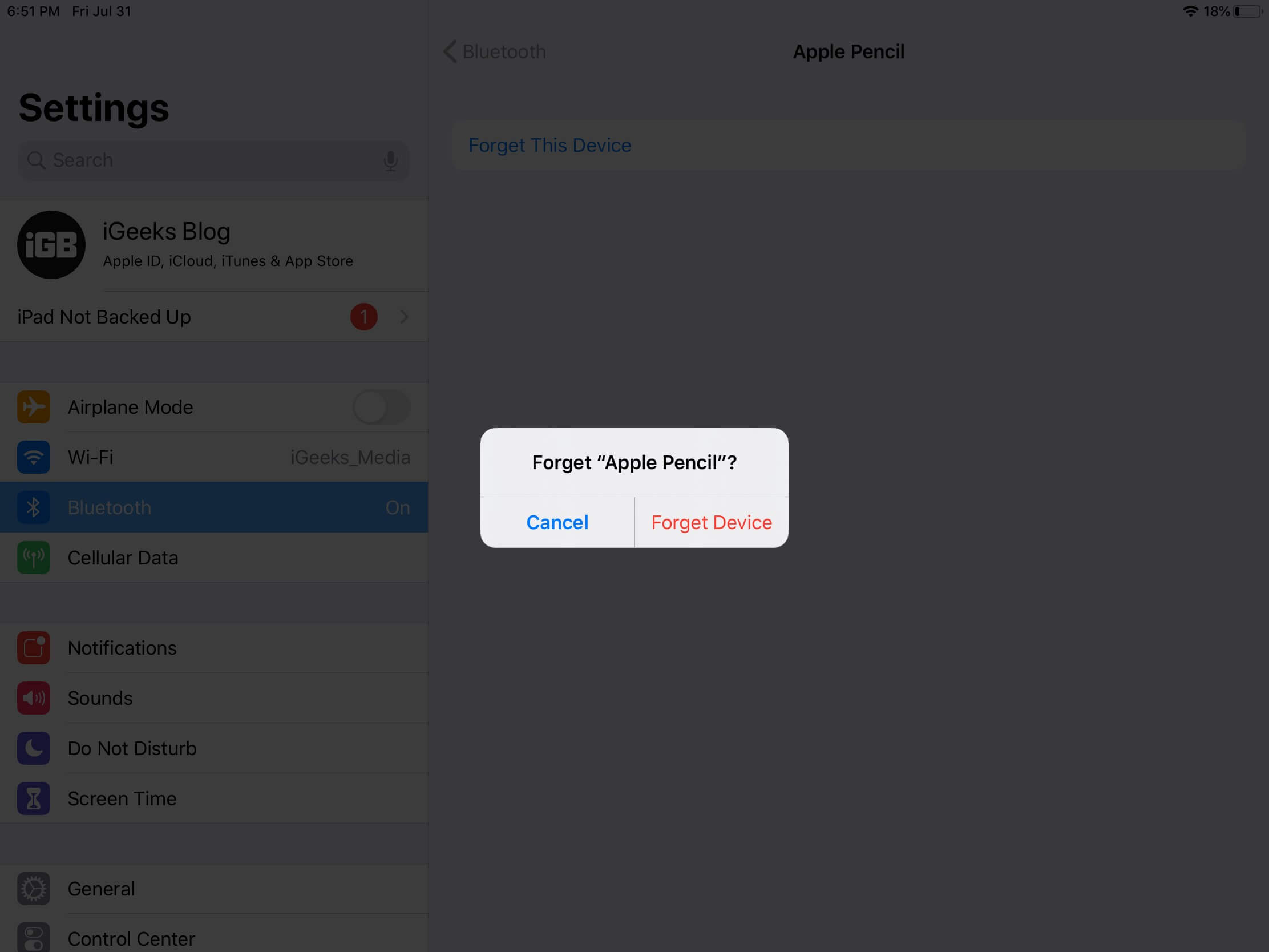 chạm vào quên thiết bị để ngắt kết nối apple pencil trên ipad
