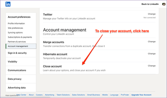 Linkedin đóng tùy chọn tài khoản tài khoản