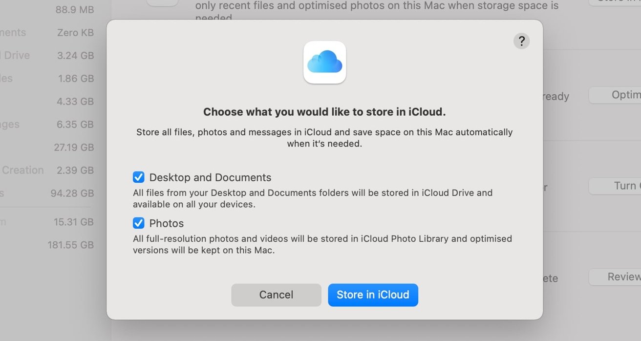 Có các tùy chọn để lưu trữ nội dung thư mục Desktop và Documents của bạn trong iCloud, cũng như ảnh của bạn.