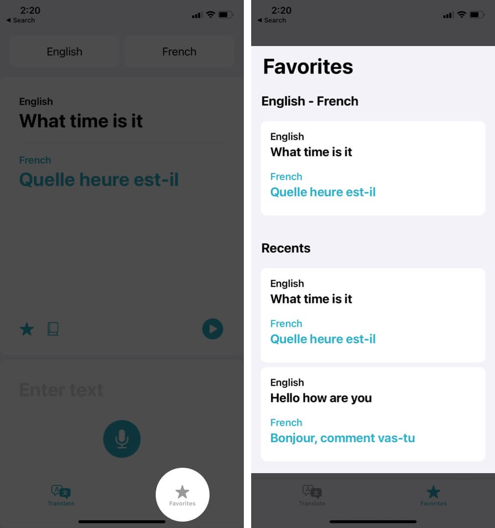 nhấn vào mục yêu thích để xem bản dịch của bạn trong ứng dụng dịch ios 14 trên iPhone