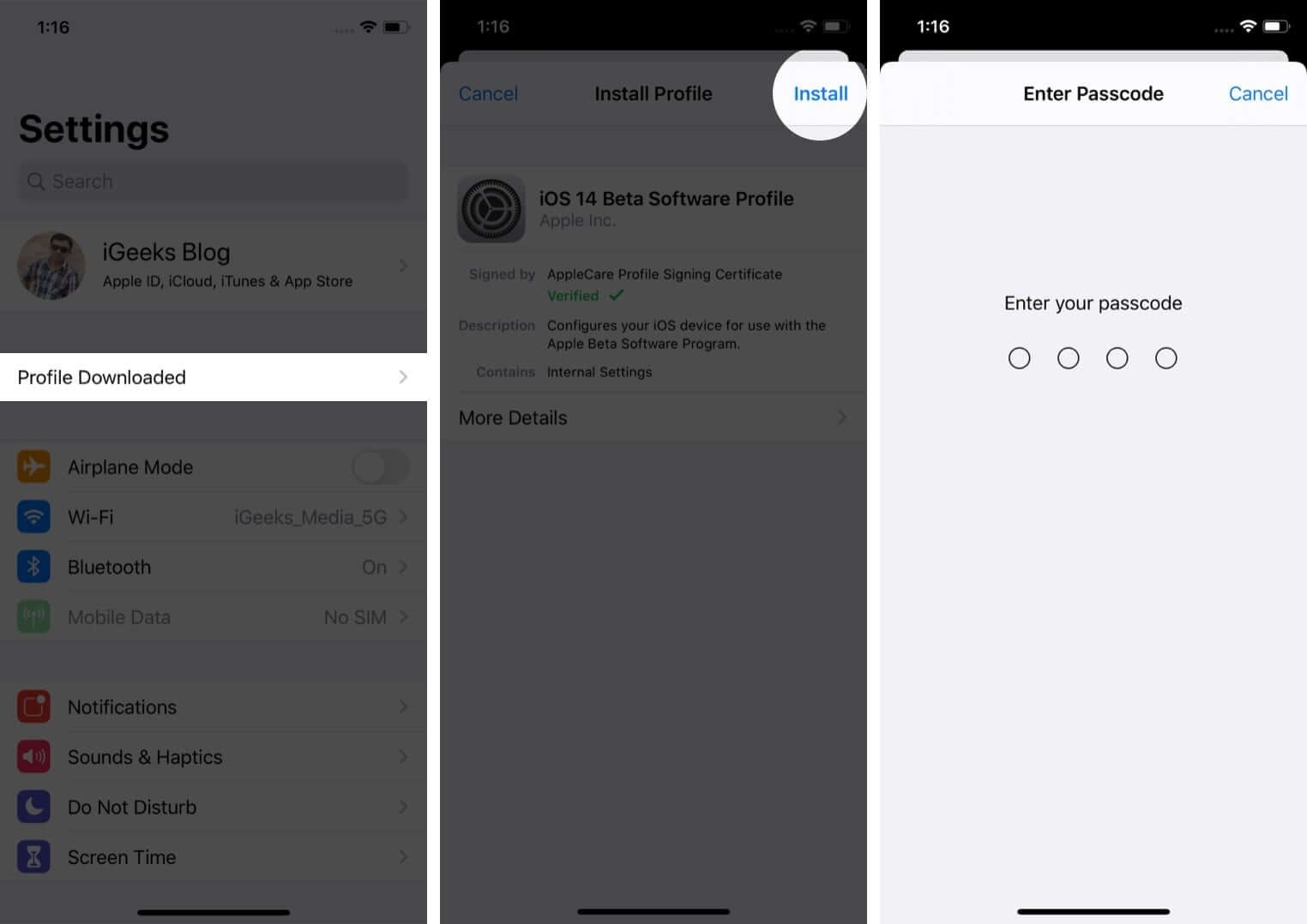 nhấn vào cấu hình đã tải xuống và nhấn cài đặt iOS 14 trên iphone
