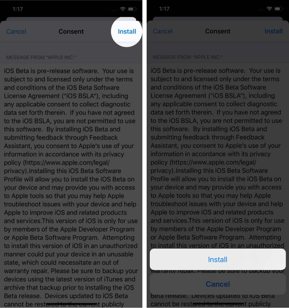 nhấn vào cài đặt cấu hình hai lần để vào cấu hình gian hàng ios 14 beta trên iphone