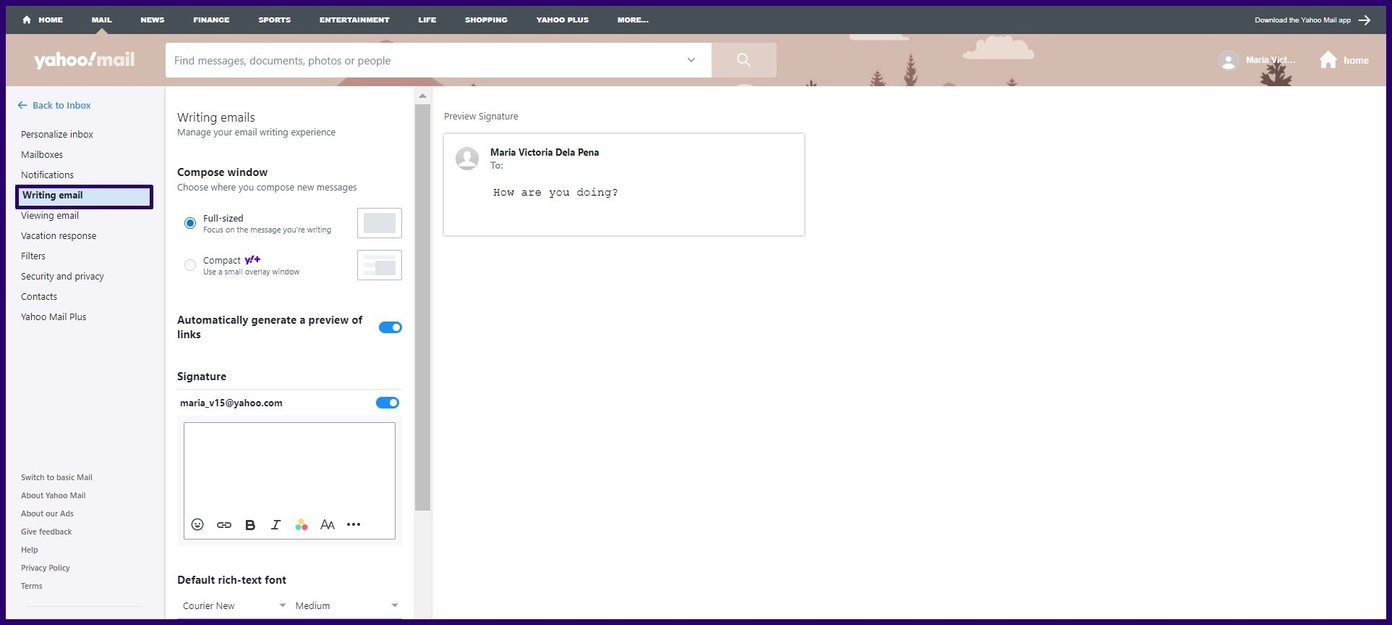 Create email signature on yahoo mail step 4