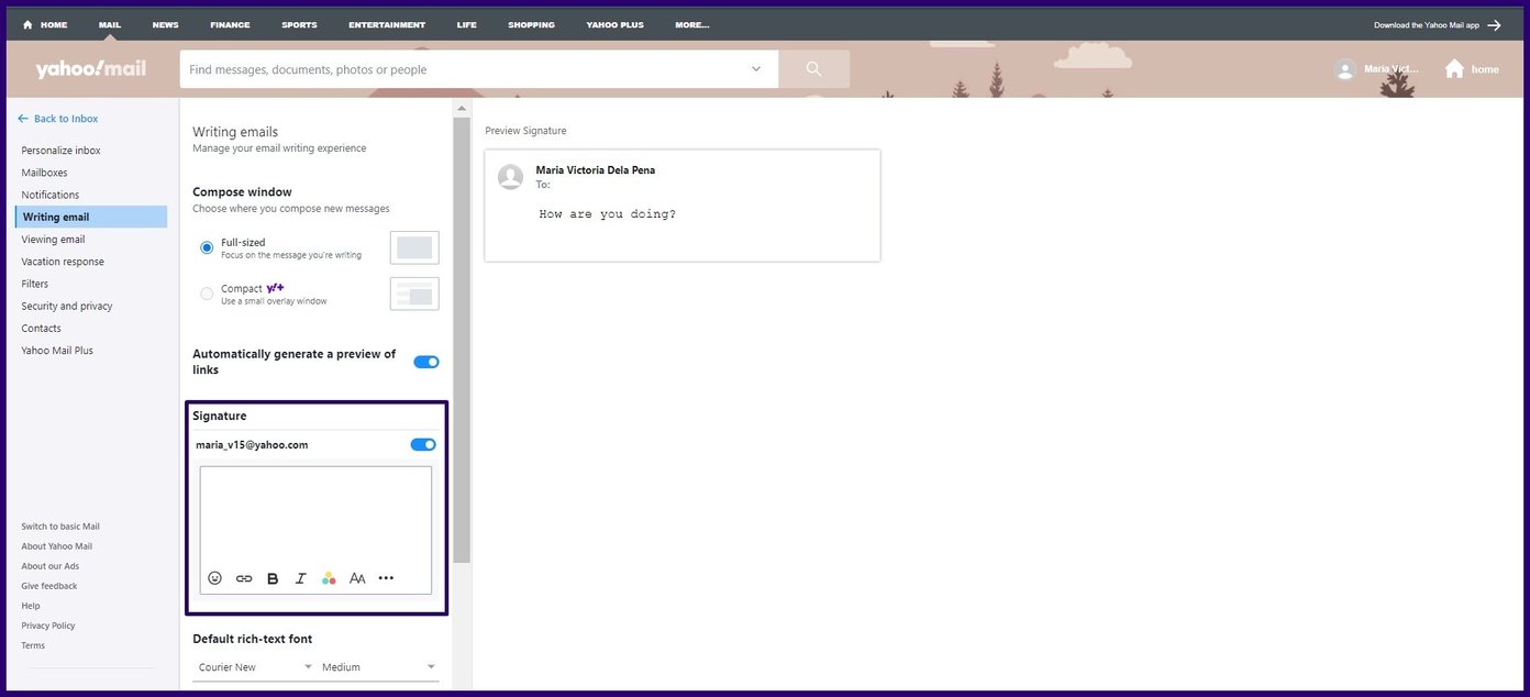 Create email signature on yahoo mail step 5