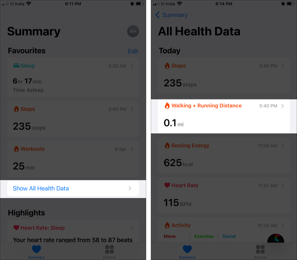 Nhấn vào Show All Health Data, Chọn Khoảng cách Đi bộ và Chạy