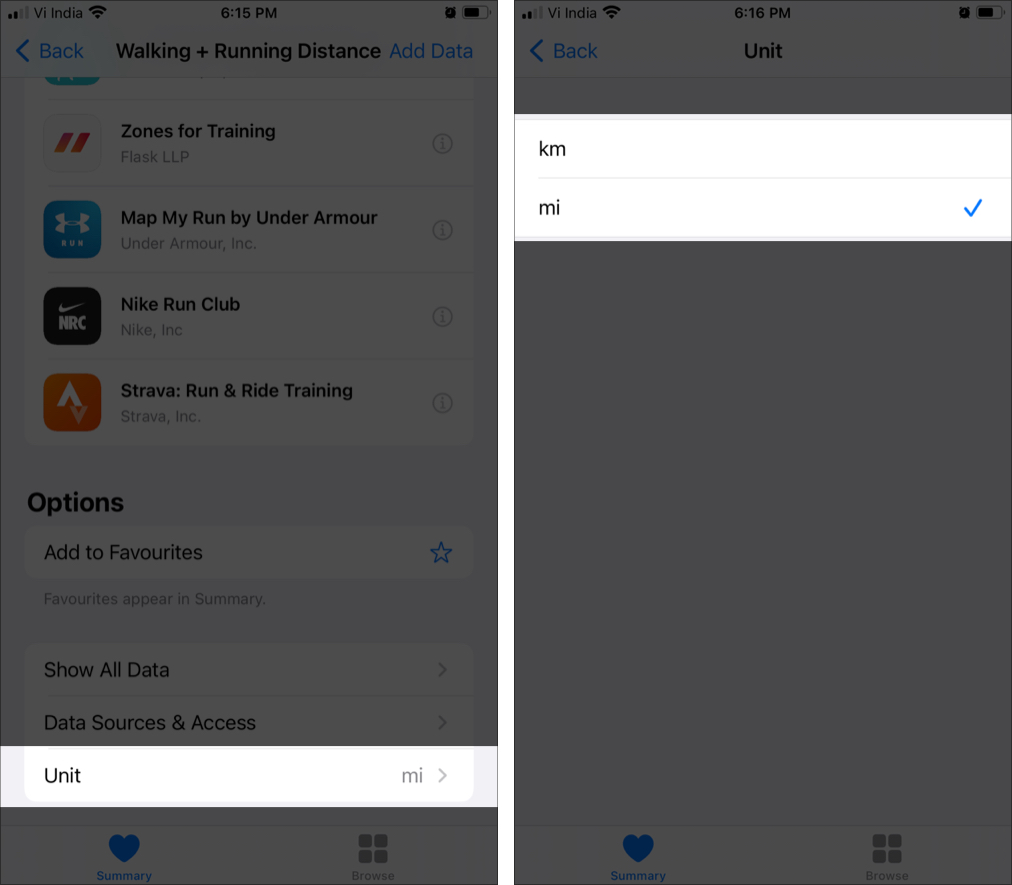 Nhấn vào Đơn vị, Chọn km cho Kilômét ters trong ứng dụng Sức khỏe