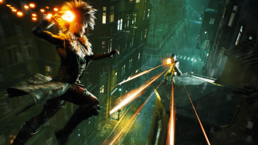 Một ma cà rồng chuẩn bị tấn công kẻ thù với nắm đấm phát sáng của cô ấy khi một người lính bắn trả