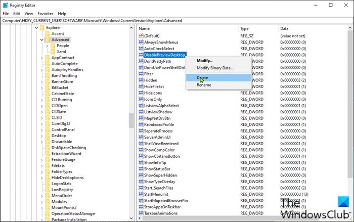 Xóa khóa đăng ký DisablePreviewDesktop